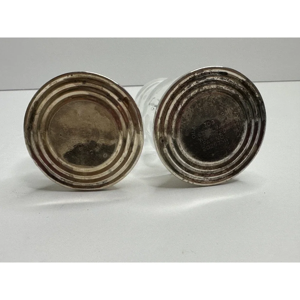 Quaker Sterling Silver Hurricane Salt and Pepper Weighted 703 Etched Glass